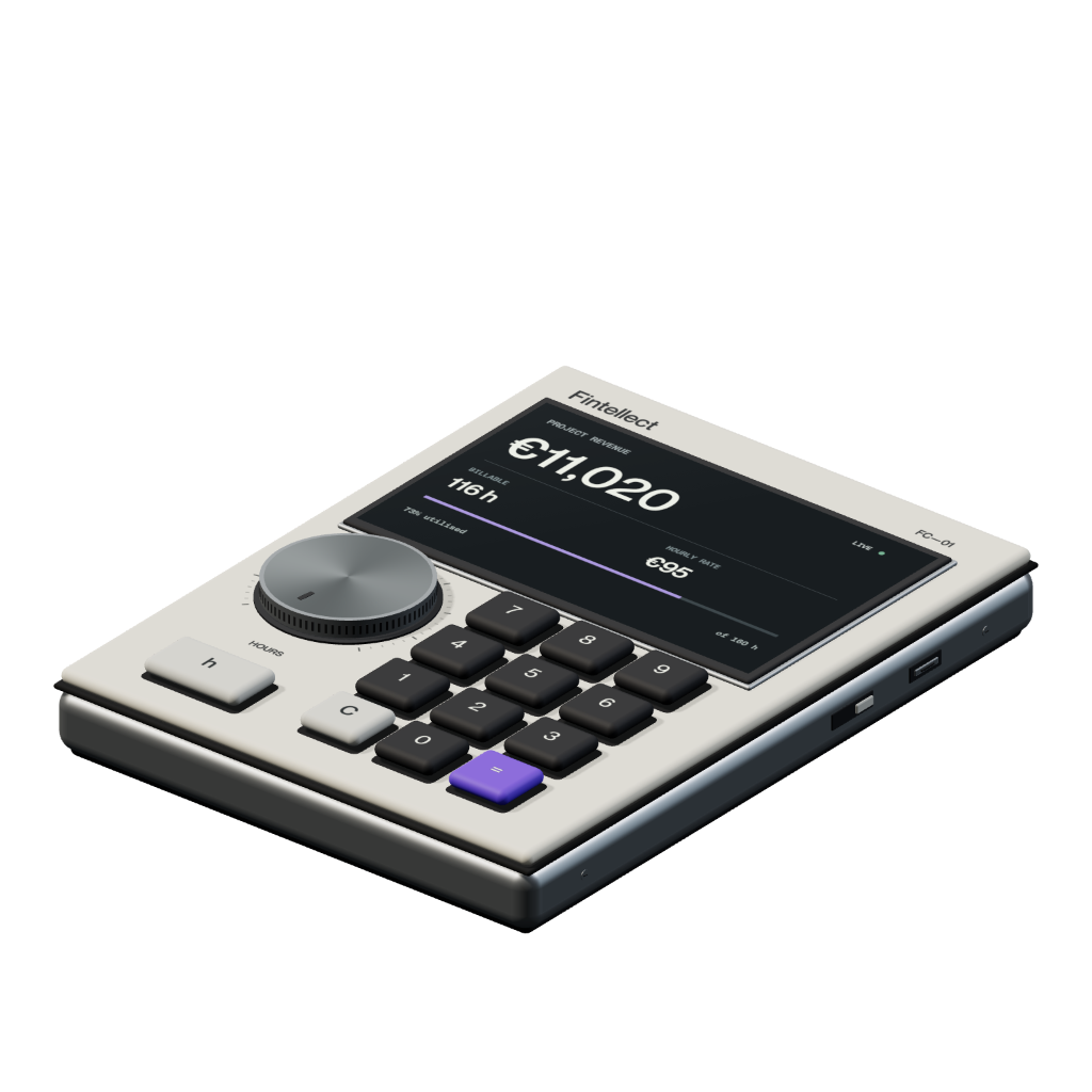 Fintellect FC–01 financial instrument with an integrated display, time dial and numeric keypad